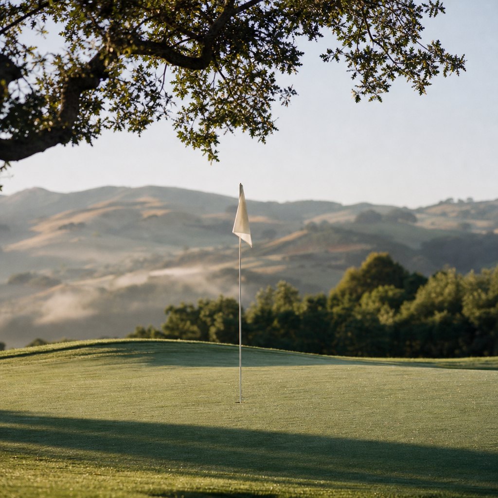 Putting green with a cream flag under oak branches (AI-generated image)