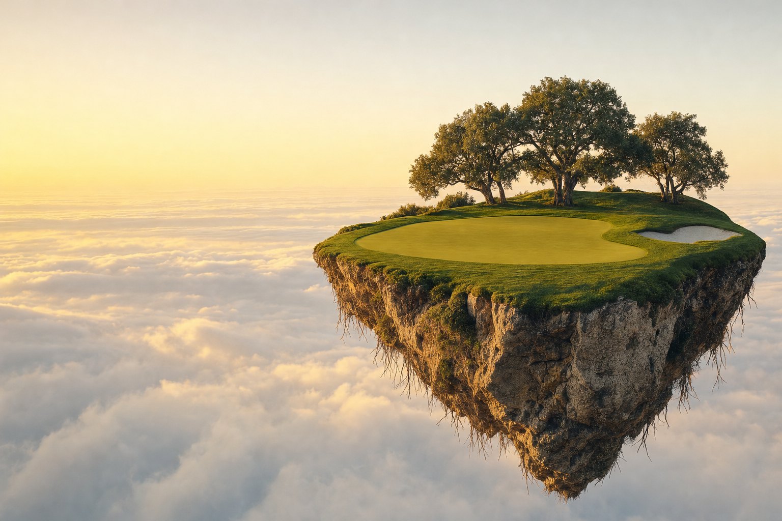 A floating island of fairway and putting green above golden clouds (AI-generated image)