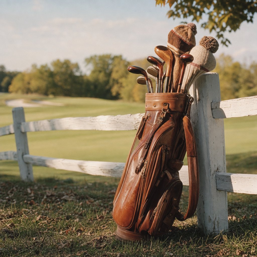 Leather golf bag against a white fence (AI-generated image)