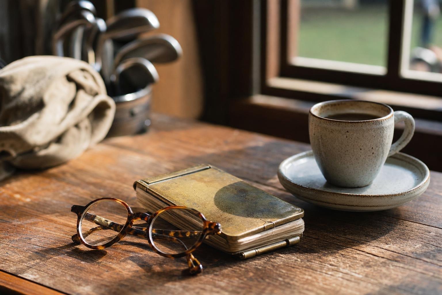 A vintage brass golf course yardage book, reading glasses and a cup of coffee on a wooden clubhouse table, morning window light (AI-generated image)