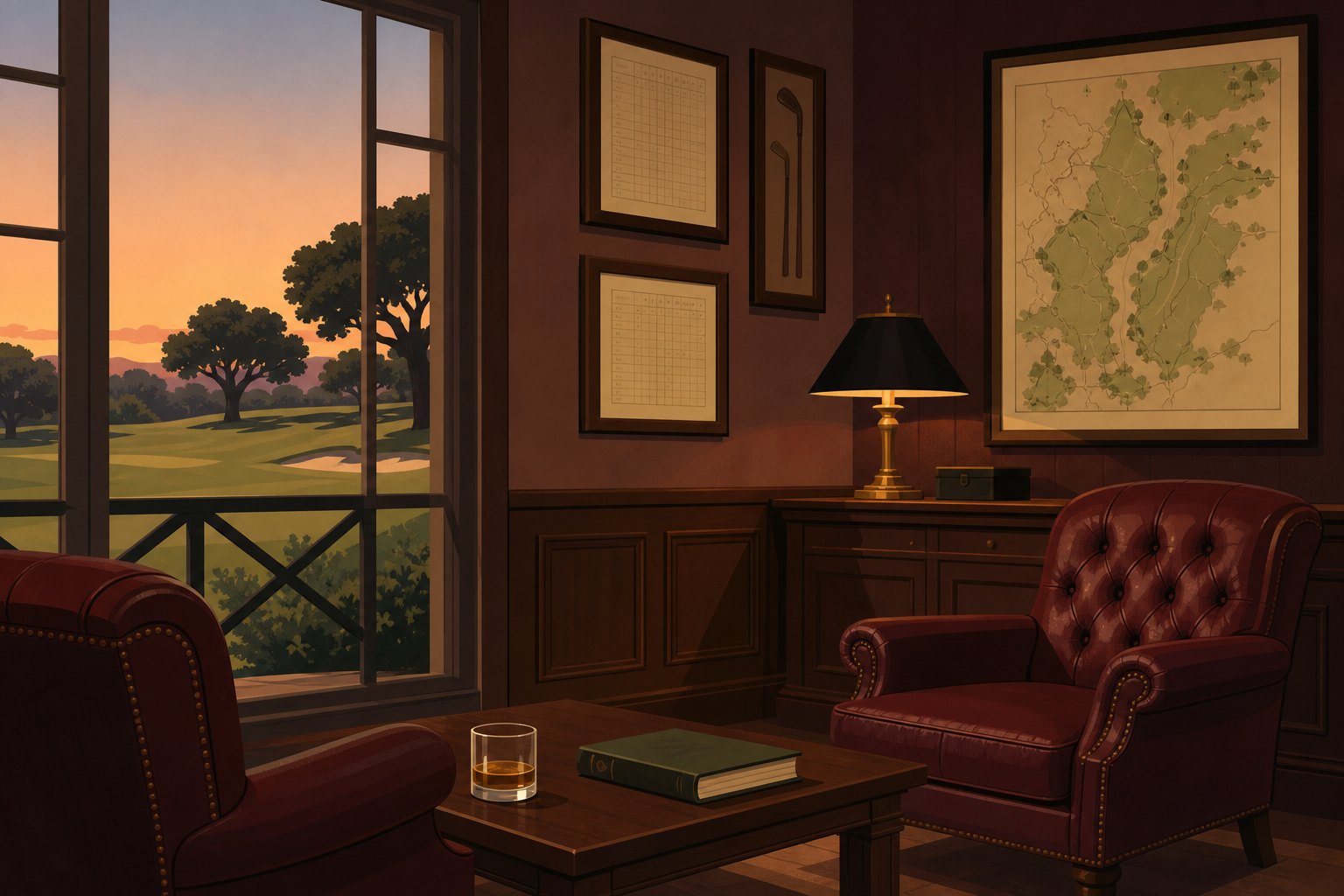 Ranch clubhouse interior with leather chairs (AI-generated image)
