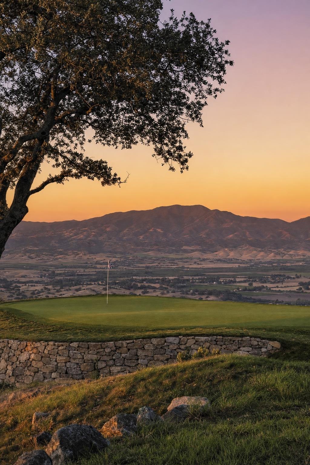 A golf hole at twilight framed by oaks (AI-generated image)