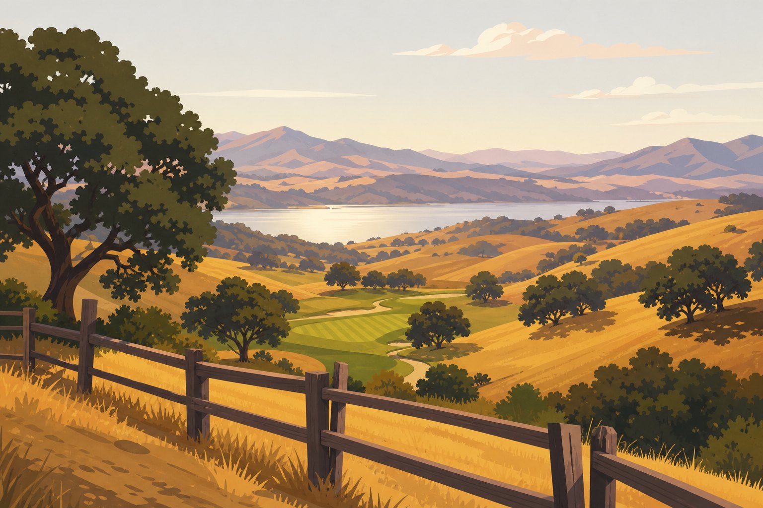 Golden ranch hills with a lake in the distance (AI-generated image)