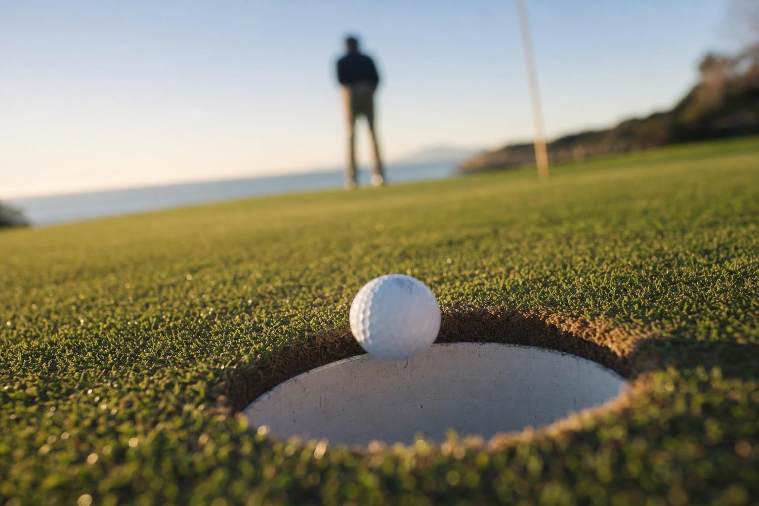 A golf ball rolling into the cup, macro, dramatic low angle (AI-generated image)