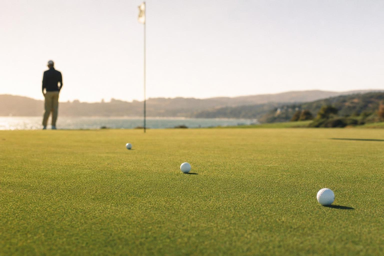 Three golf balls on a green at different distances from the flag, low angle (AI-generated image)
