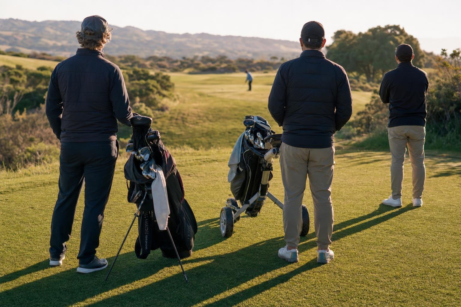 Golf bags and a pull cart on a first tee in the morning, group waiting from behind (AI-generated image)