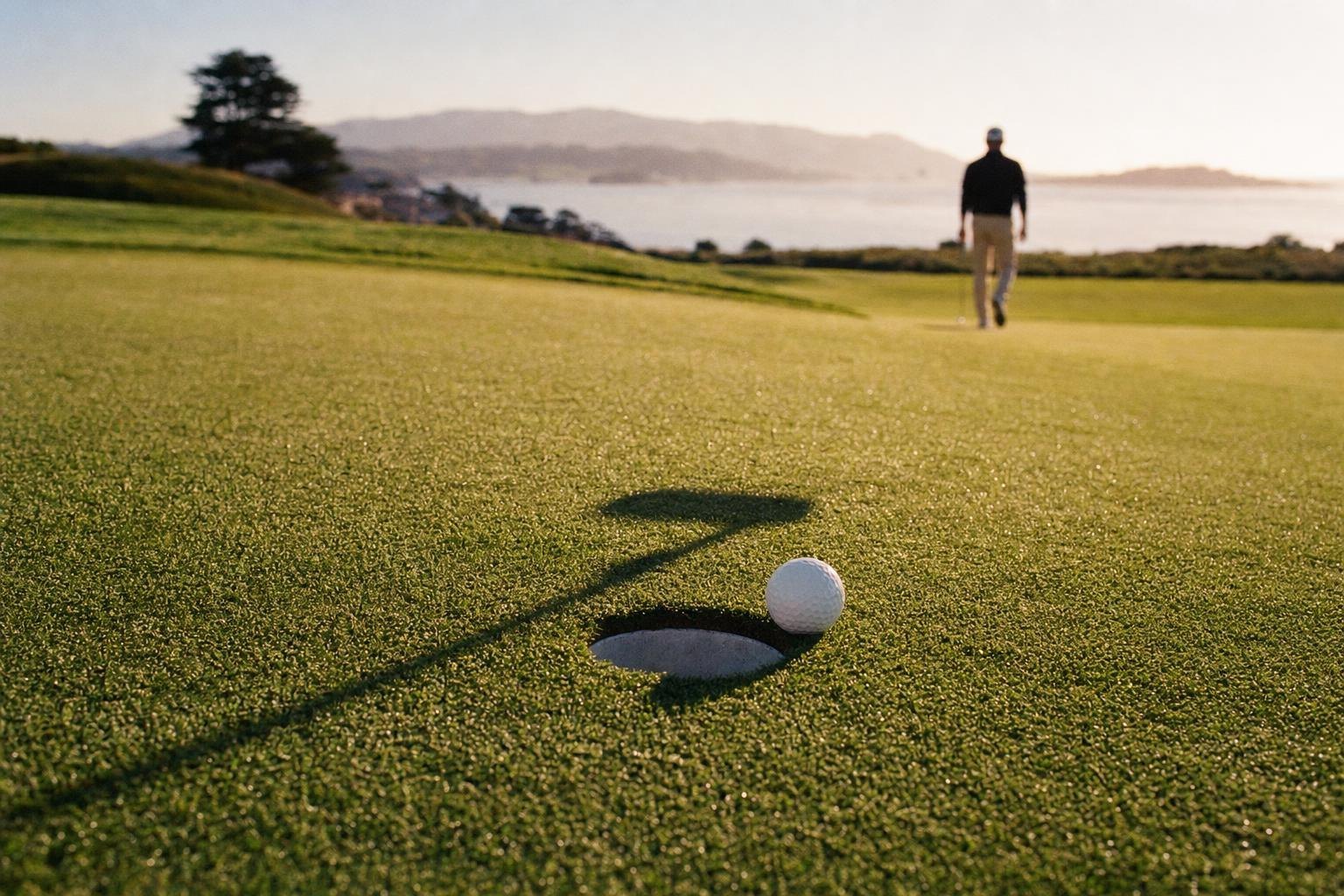 A golf ball resting near the hole on a green, a putter shadow, late light (AI-generated image)