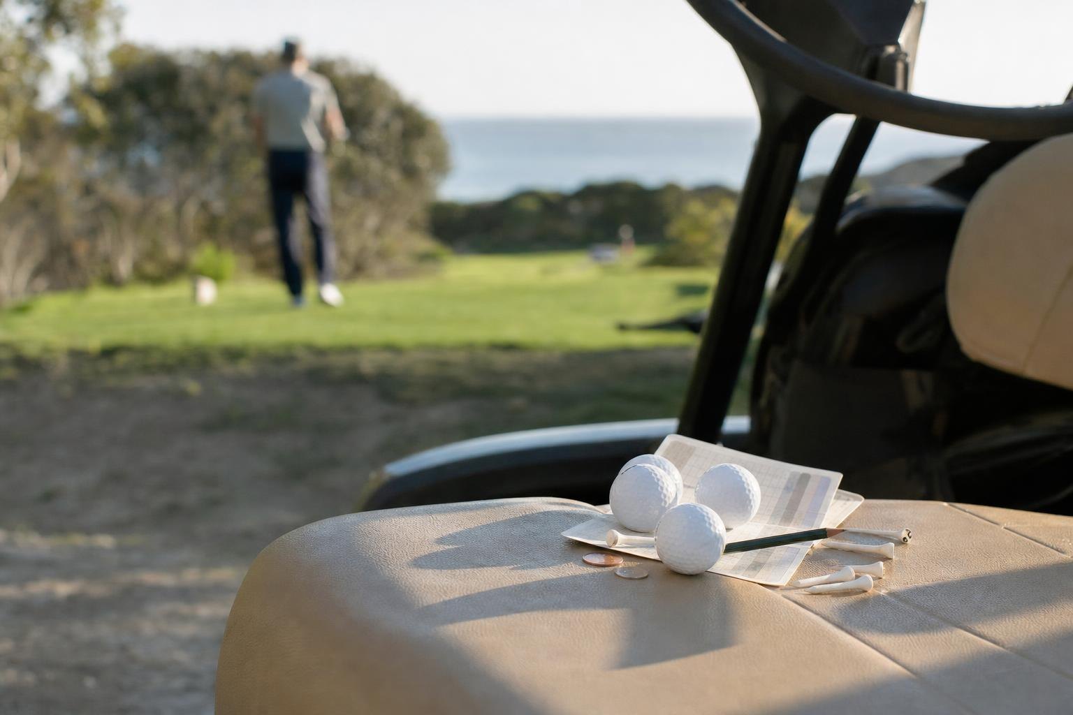 Four golf balls and tees and a few coins and a pencil on a scorecard on a cart seat, close-up (AI-generated image)