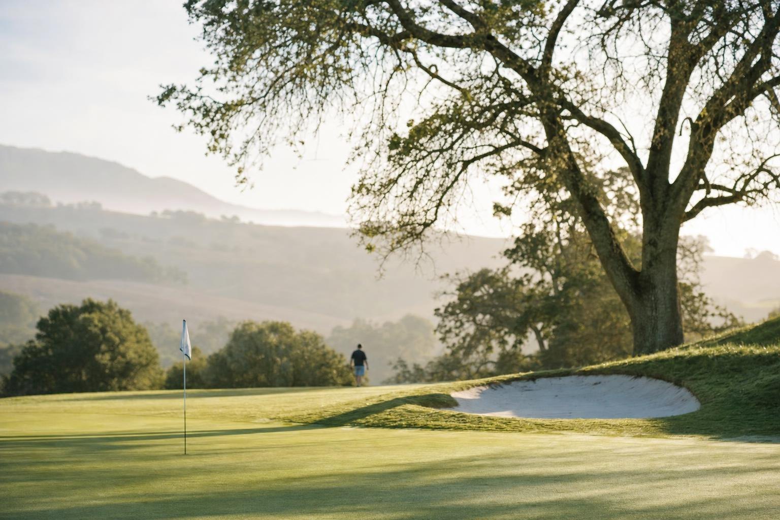 A putting green with a flagstick and a small white sand bunker beside a big valley oak, soft morning light (AI-generated image)