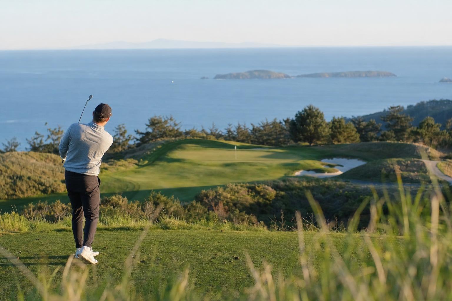 A dramatic downhill par-three with the Pacific Ocean and islands on the horizon (AI-generated image)