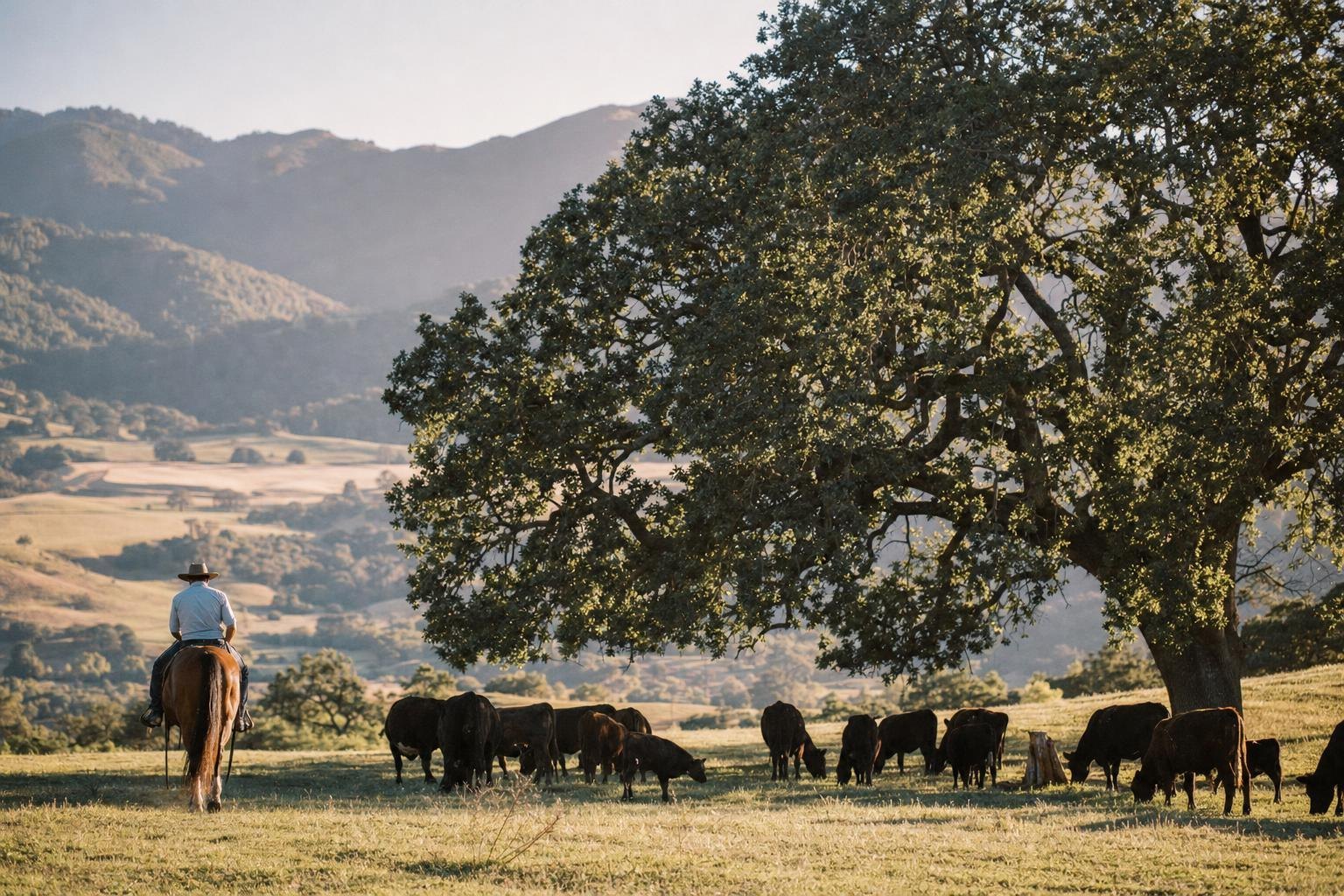 Cattle grazing on a wide valley ranch under a large oak, distant mountains, nostalgic look (AI-generated image)