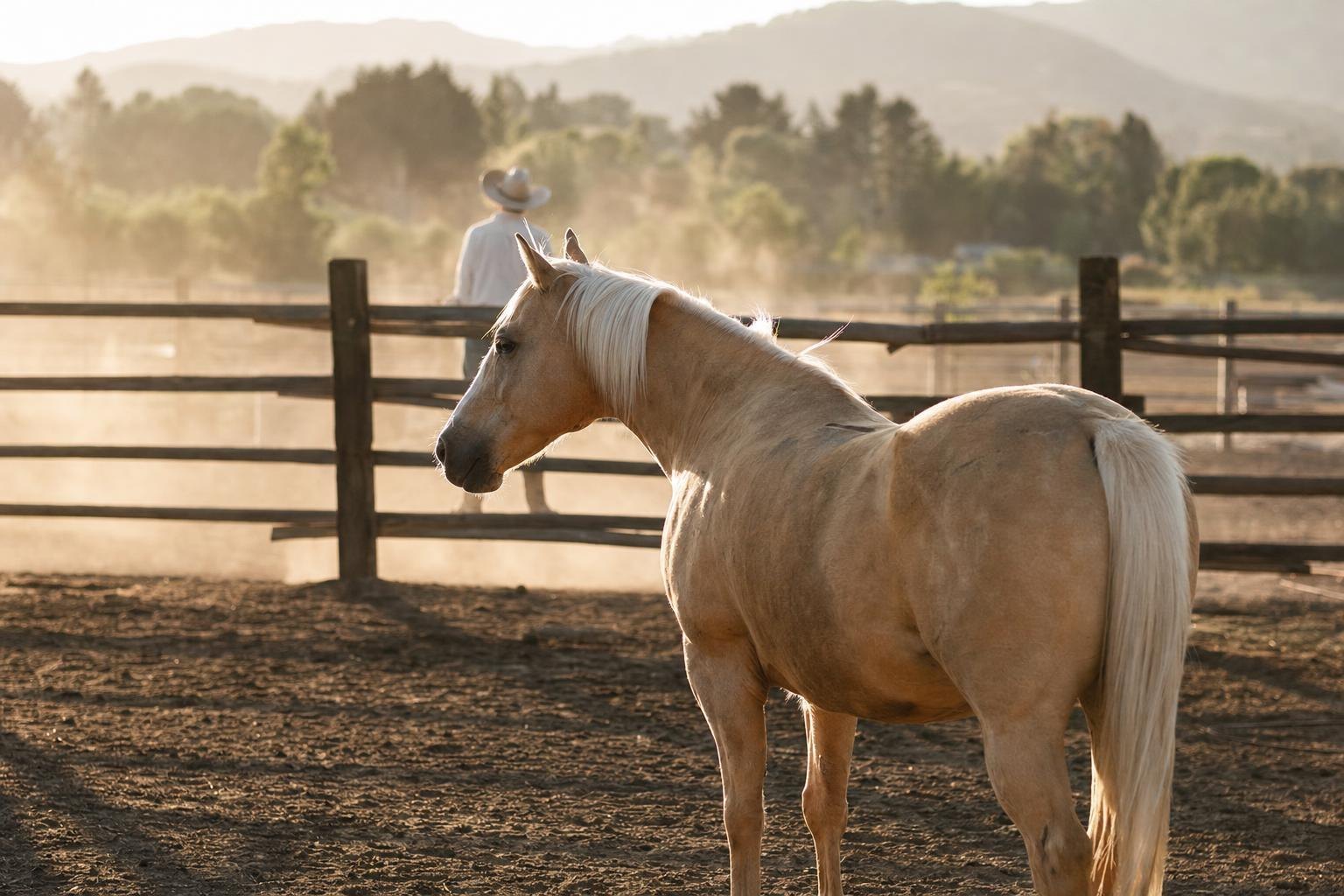 A palomino horse standing in a ranch corral at golden hour, wooden fence, dust in the air (AI-generated image)