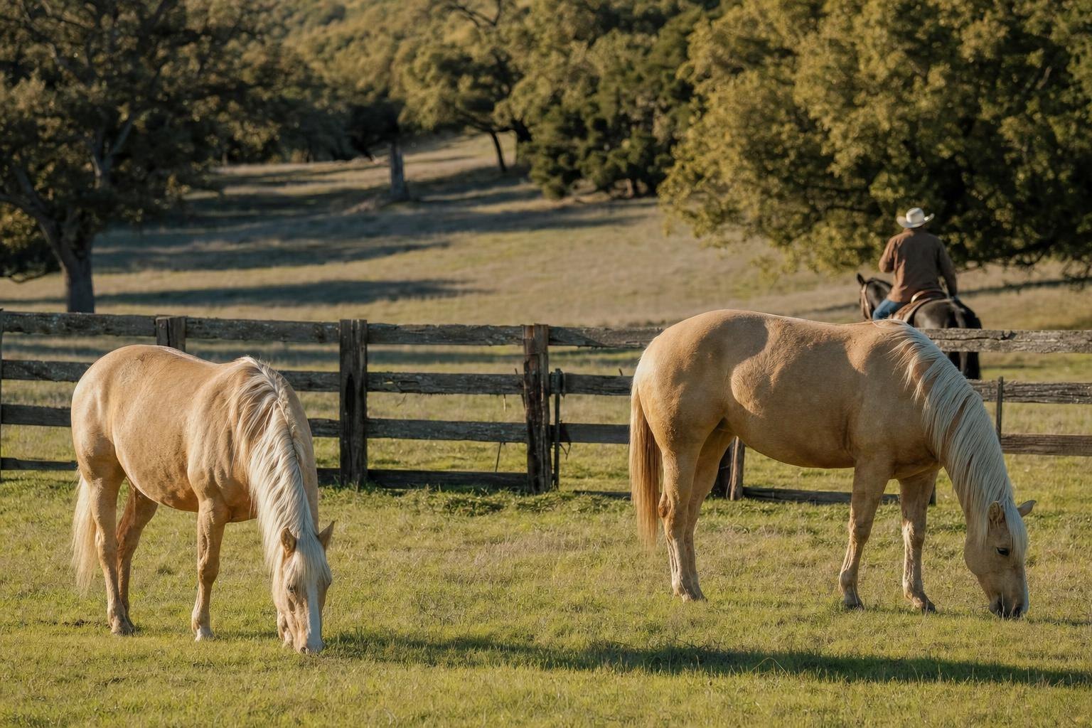 Two palomino horses grazing in a ranch pasture with a weathered wooden fence and oaks (AI-generated image)