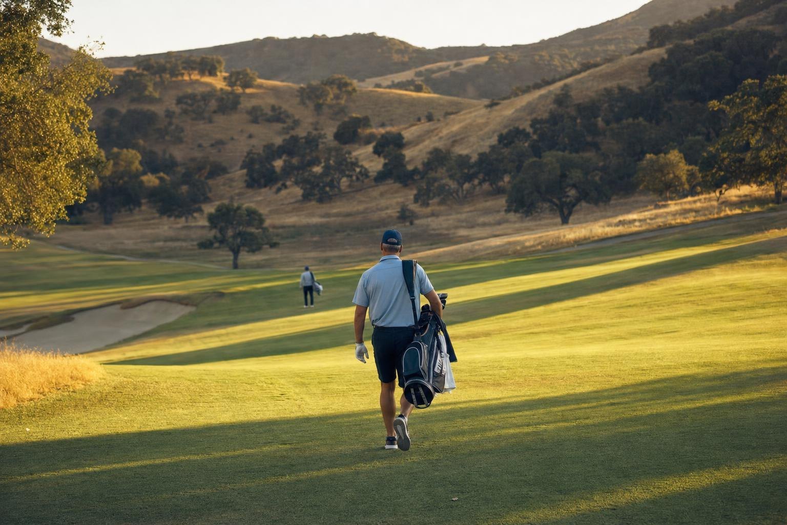 Golfer seen from behind walking up a fairway between golden oak-dotted hills, late afternoon (AI-generated image)