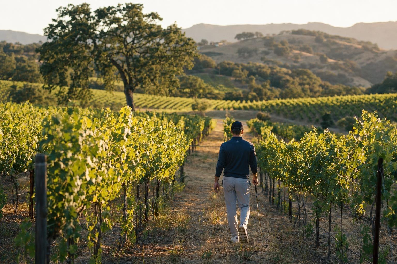 Rows of grapevines in a sunny valley vineyard with oak trees and soft hills, golden hour (AI-generated image)