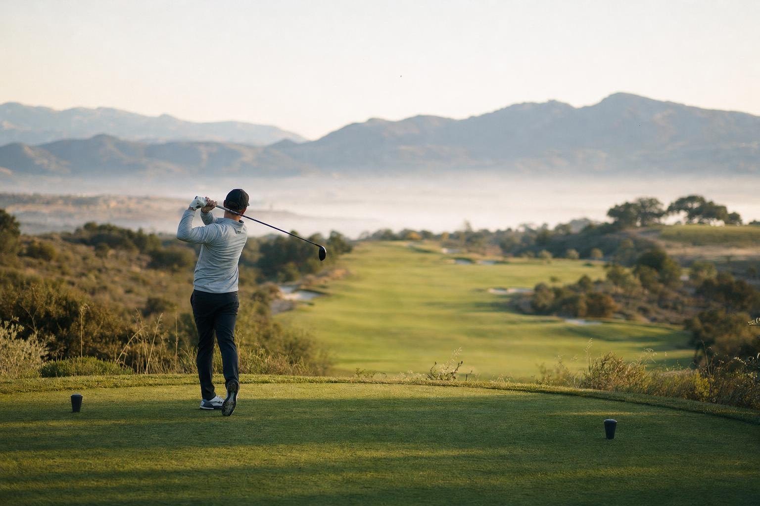 A very long par-five fairway opening toward distant mountains, morning haze, tee box in foreground (AI-generated image)