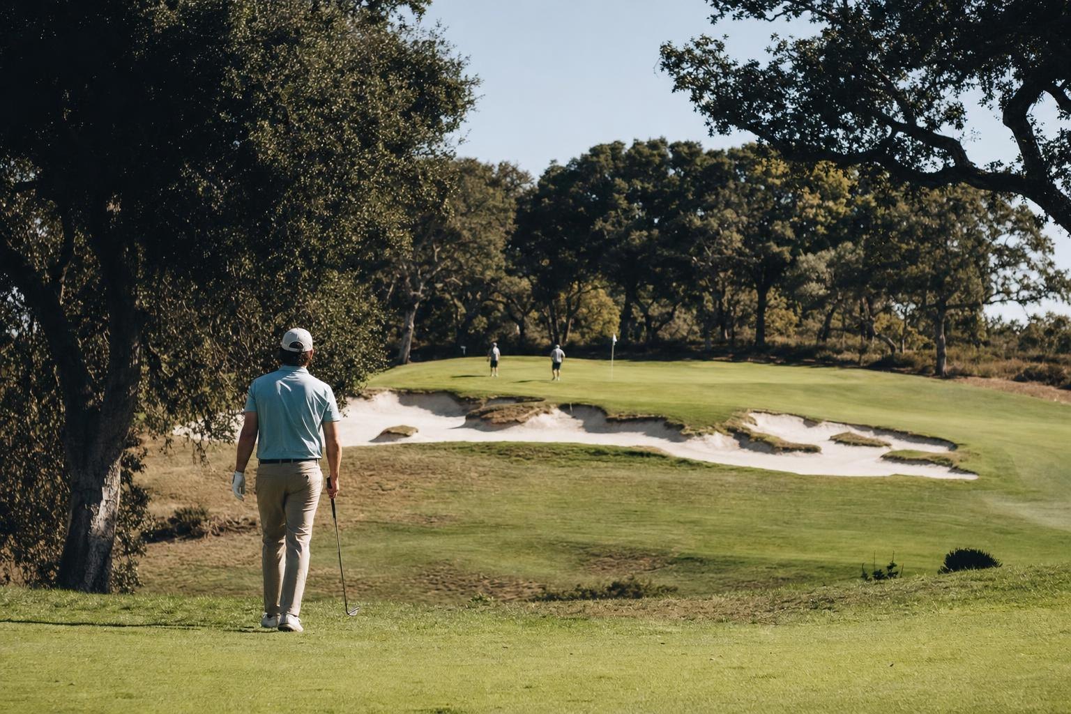 A tough uphill green surrounded by oaks and deep bunkers, afternoon light (AI-generated image)