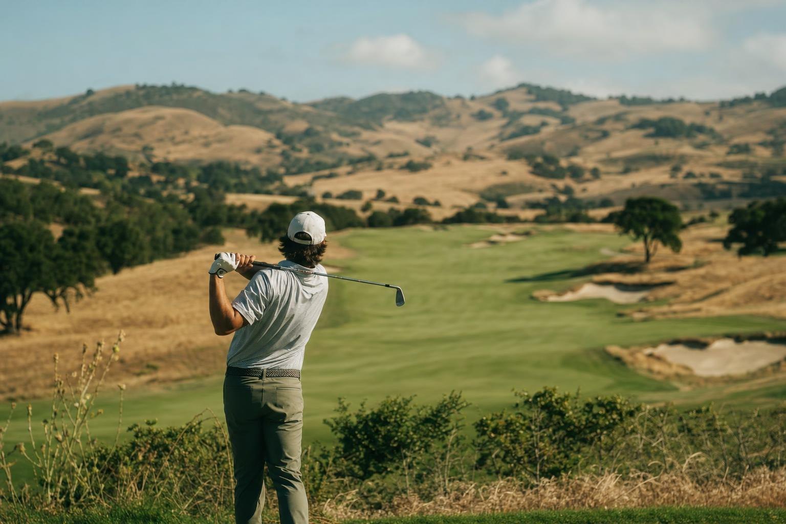 Rolling golden hills with dark oaks around a long championship fairway, inland valley, wind (AI-generated image)
