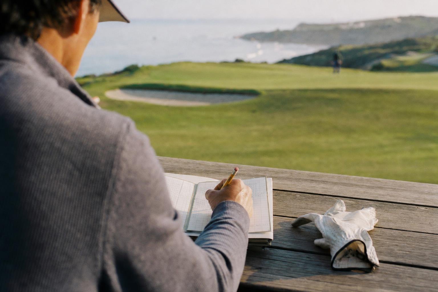 A scorecard split into front nine and back nine with pencil marks next to a golf glove (AI-generated image)