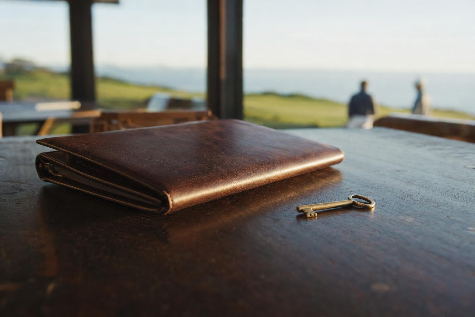 A closed leather portfolio and a brass key on a dark wooden table, soft side light (AI-generated image)