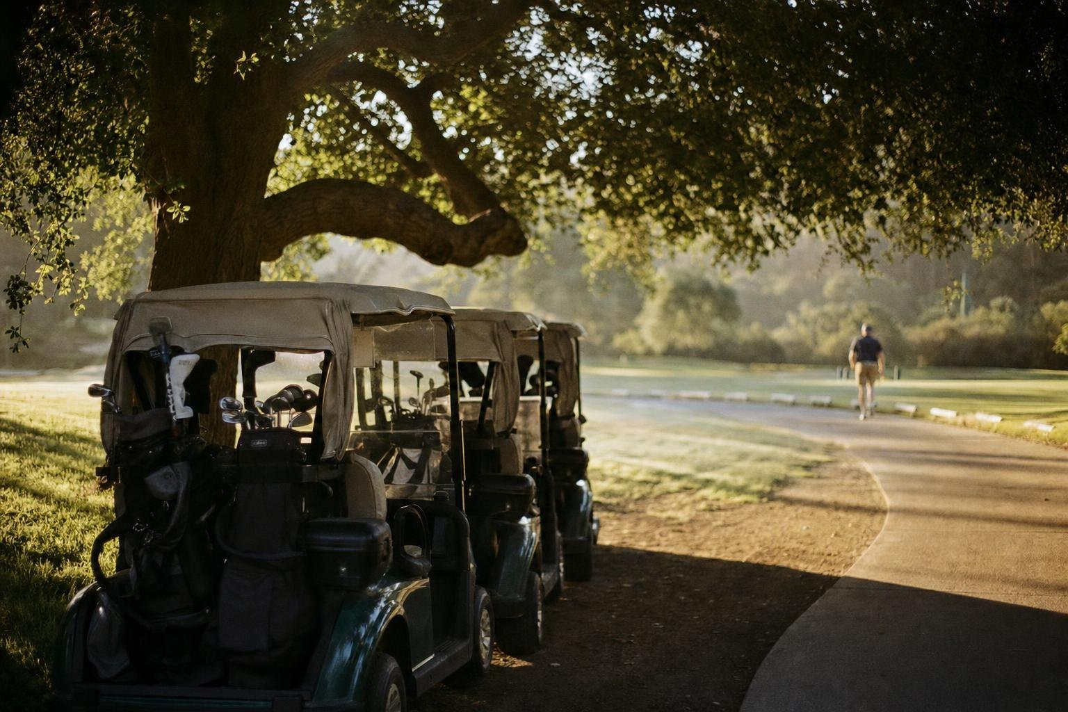 A row of golf carts parked under an oak tree next to a cart path, early morning (AI-generated image)