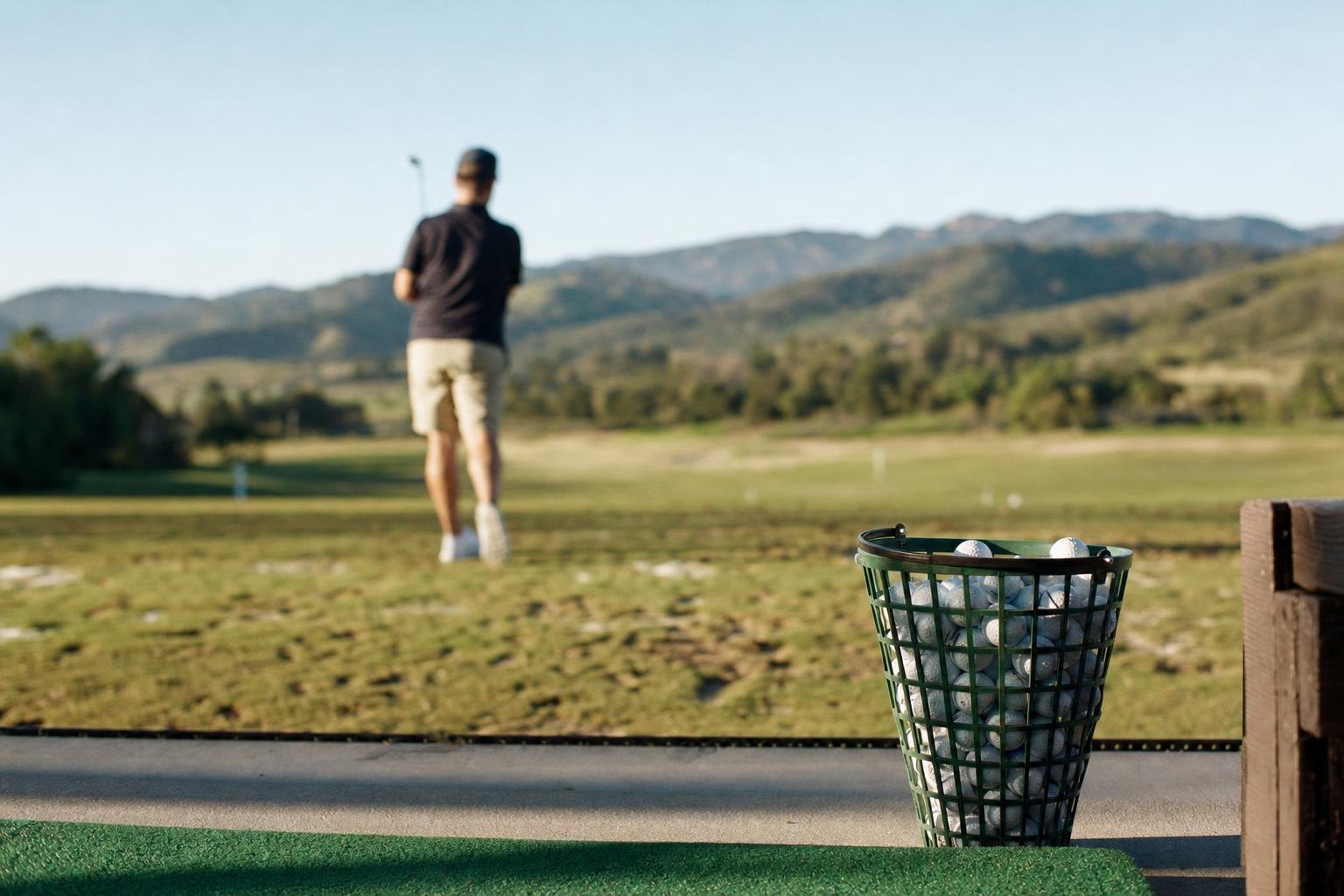 A bucket of range balls on a practice tee mat with a driving range and hills beyond (AI-generated image)