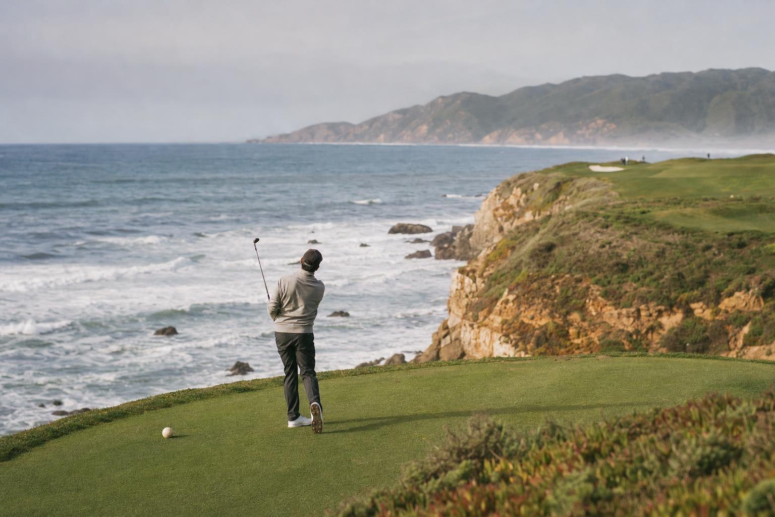 A seaside golf hole on a cliff edge above the Pacific, waves below, wide ocean horizon (AI-generated image)