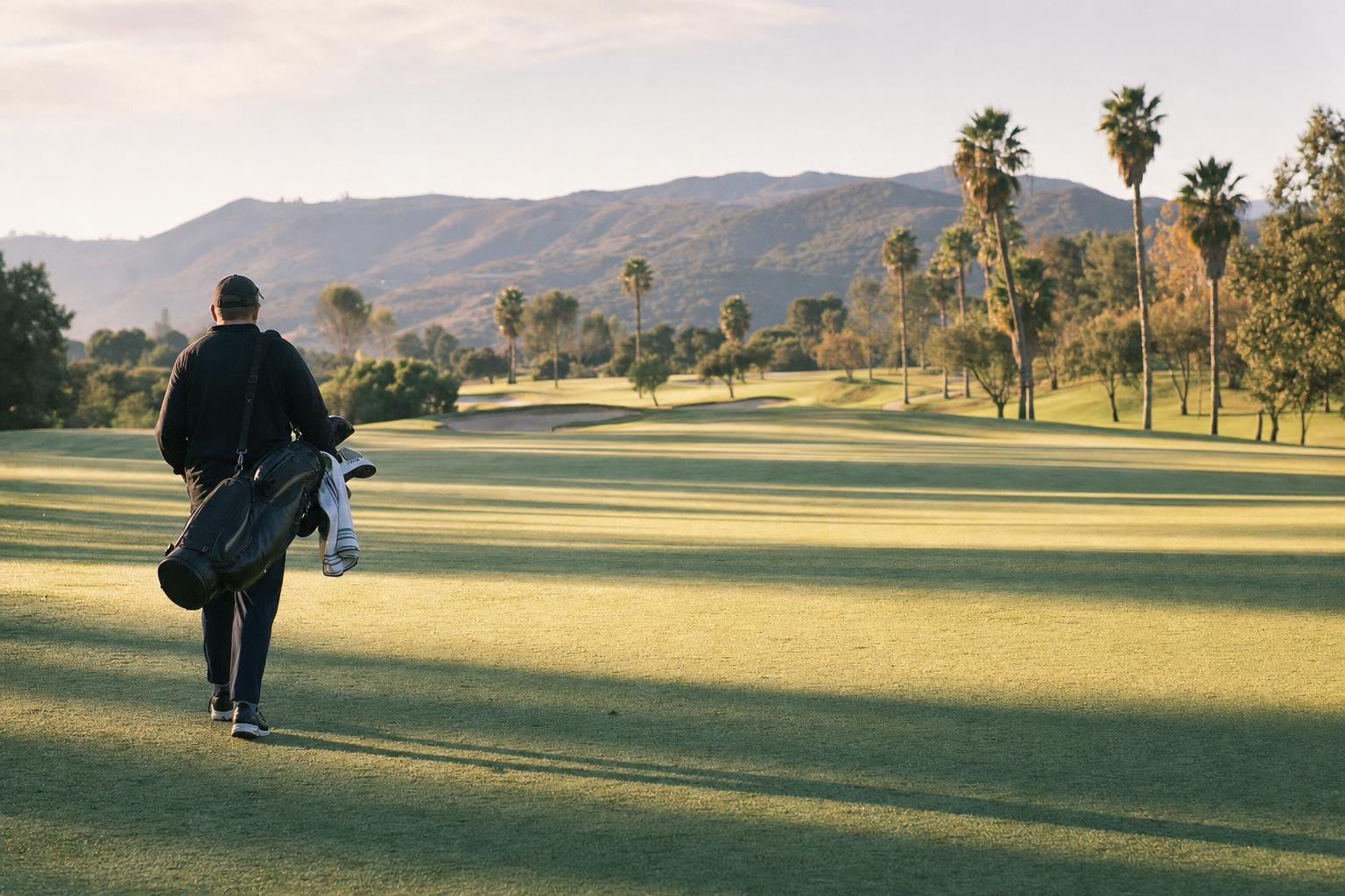 Early morning frost-free dew on a fairway with long shadows, palms and mountains in the distance (AI-generated image)