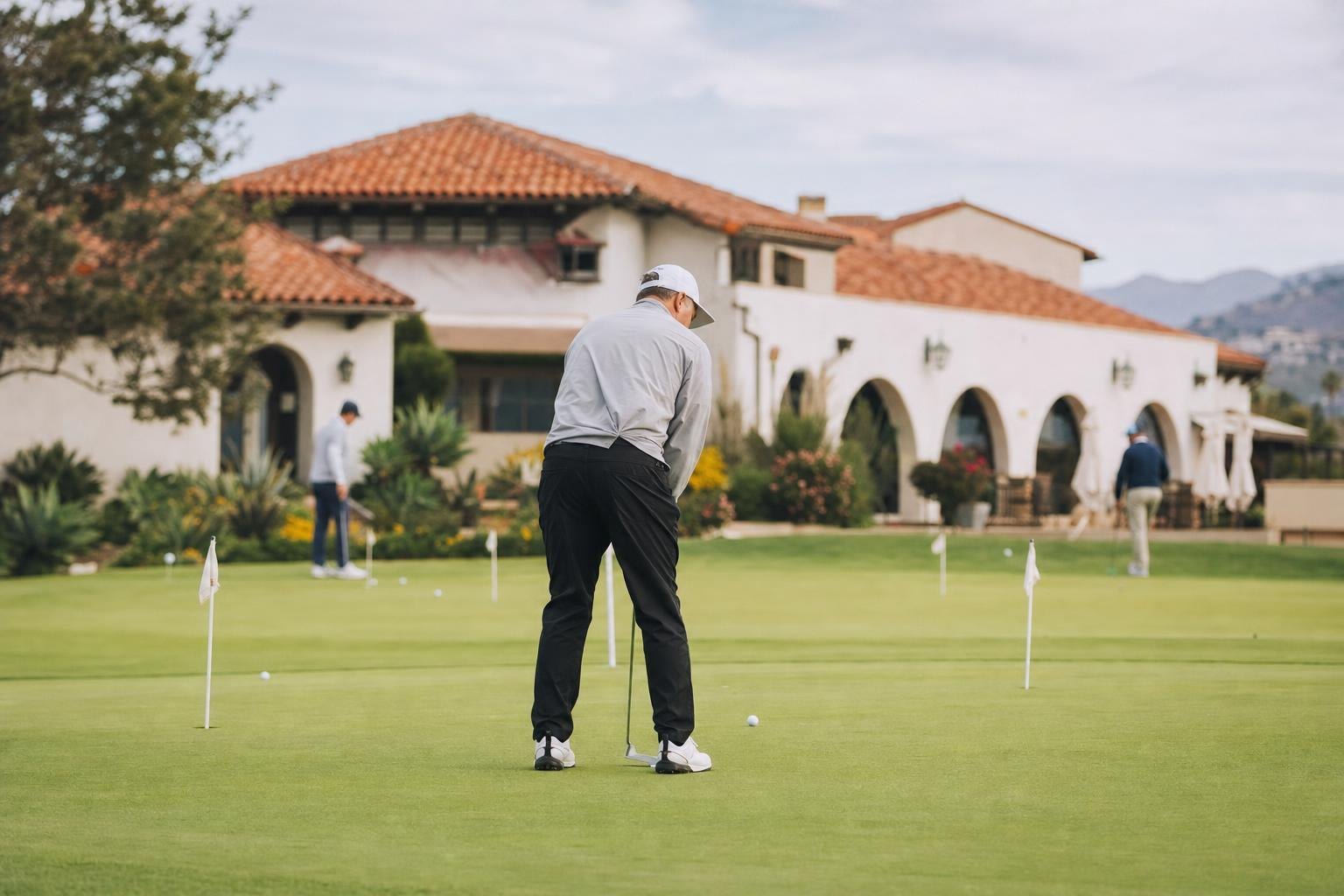 A practice putting green next to a modest Spanish-style clubhouse with red tile roof (AI-generated image)