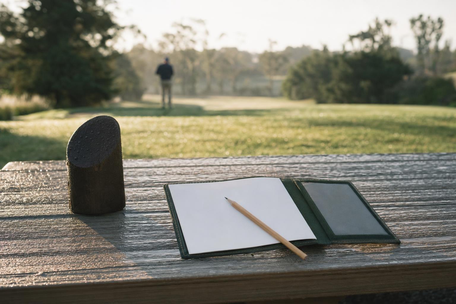 A pencil and a blank golf scorecard on a wooden bench beside a tee marker, morning dew (AI-generated image)
