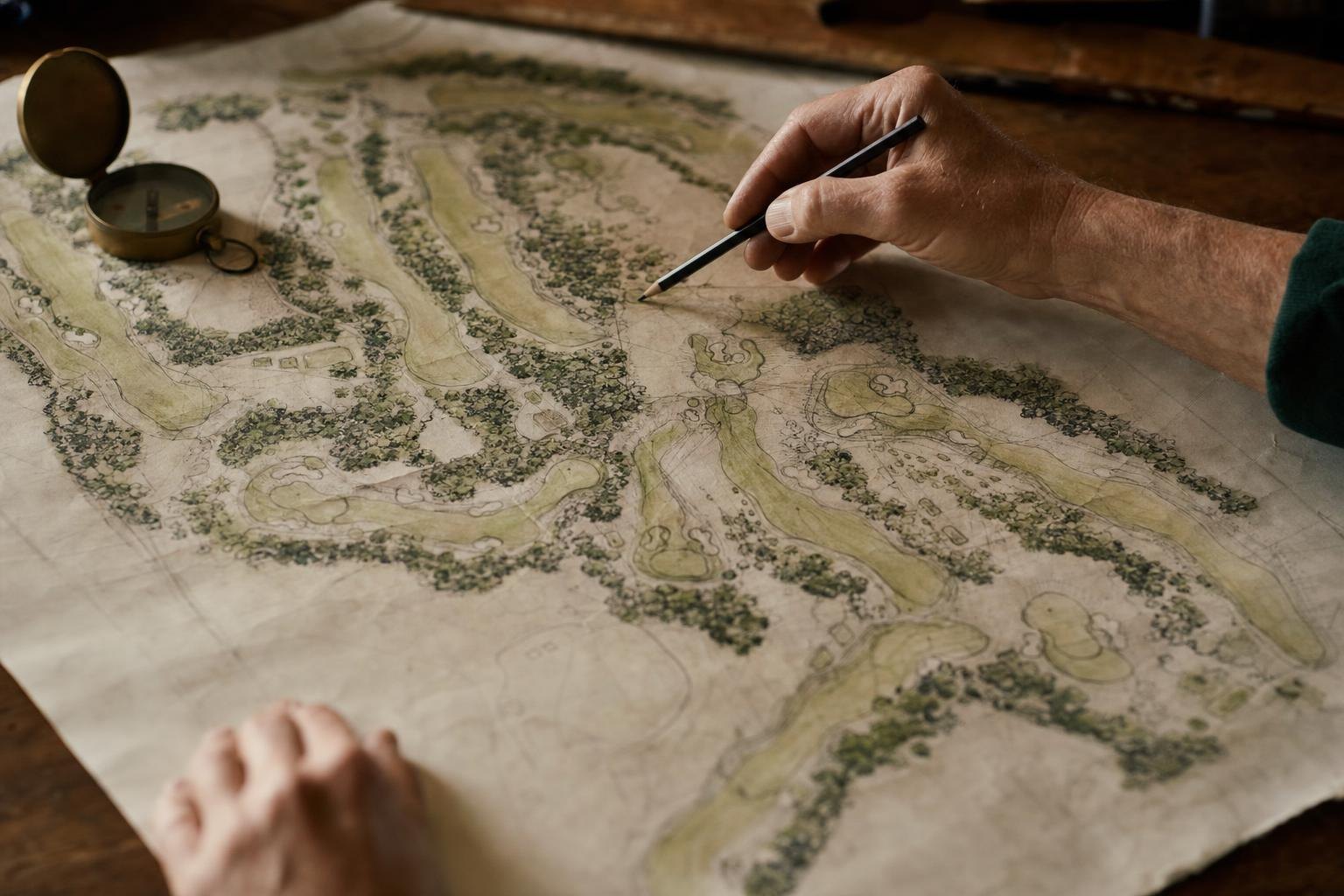 An old hand-drawn map of a golf course routing laid on a table with a compass and a pencil, warm light, no readable text (AI-generated image)
