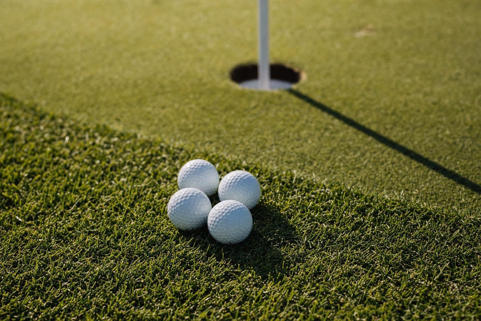 Four golf balls side by side on the fringe of a green beside the hole (AI-generated image)