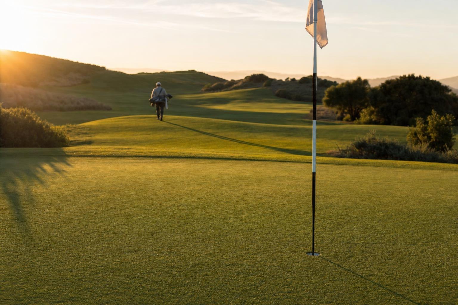 A golf flagstick in the cup at golden hour with long shadows across the green (AI-generated image)