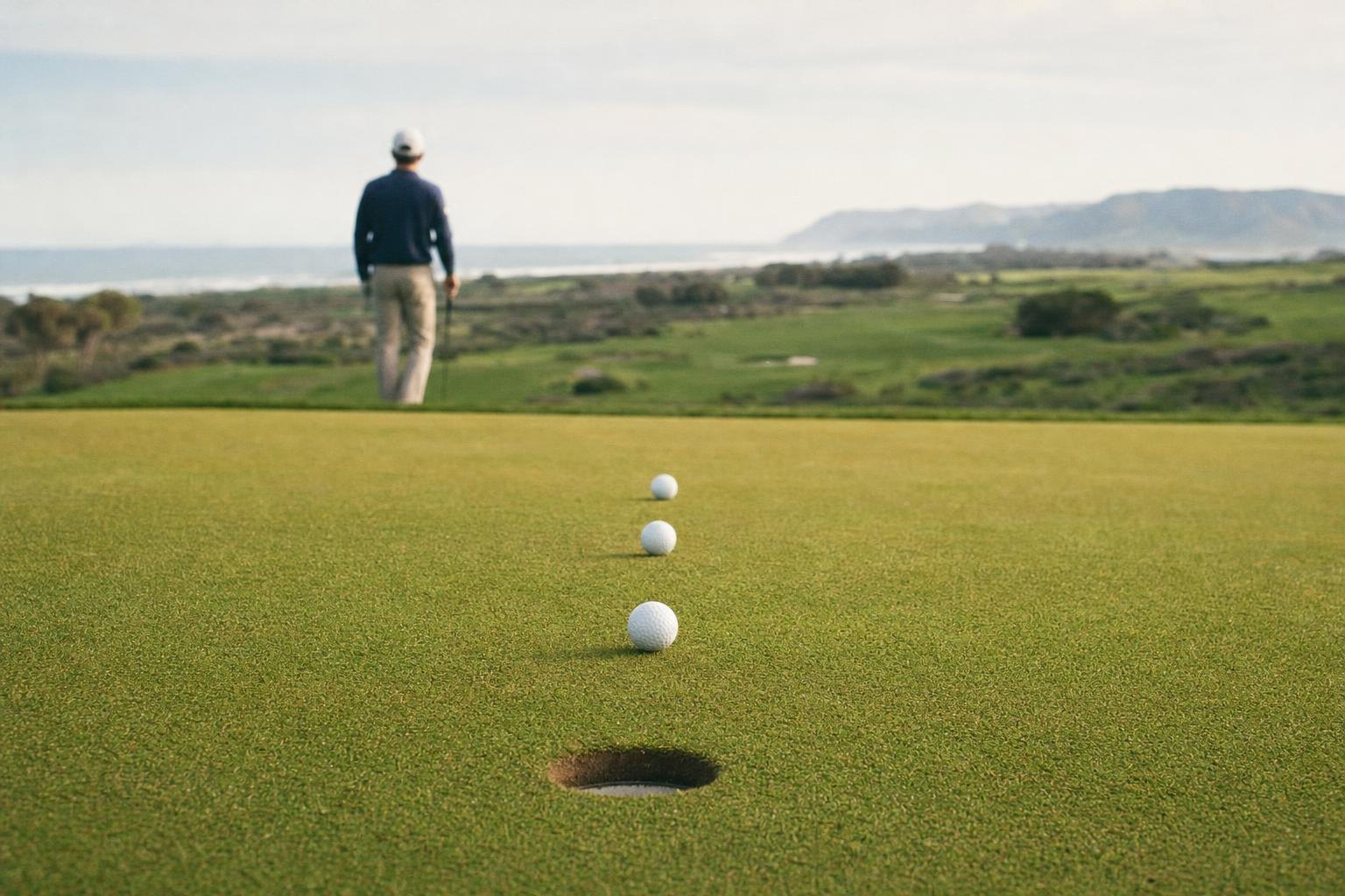Three golf balls in a row on a green, one closer to the hole (AI-generated image)