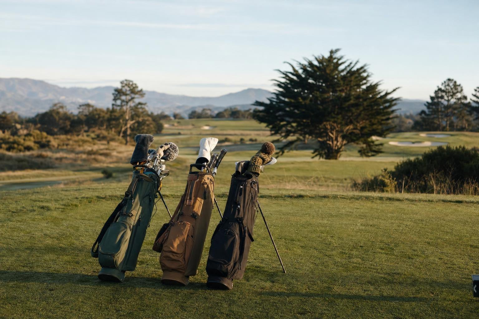 Three golf bags standing together on a tee box, morning light (AI-generated image)