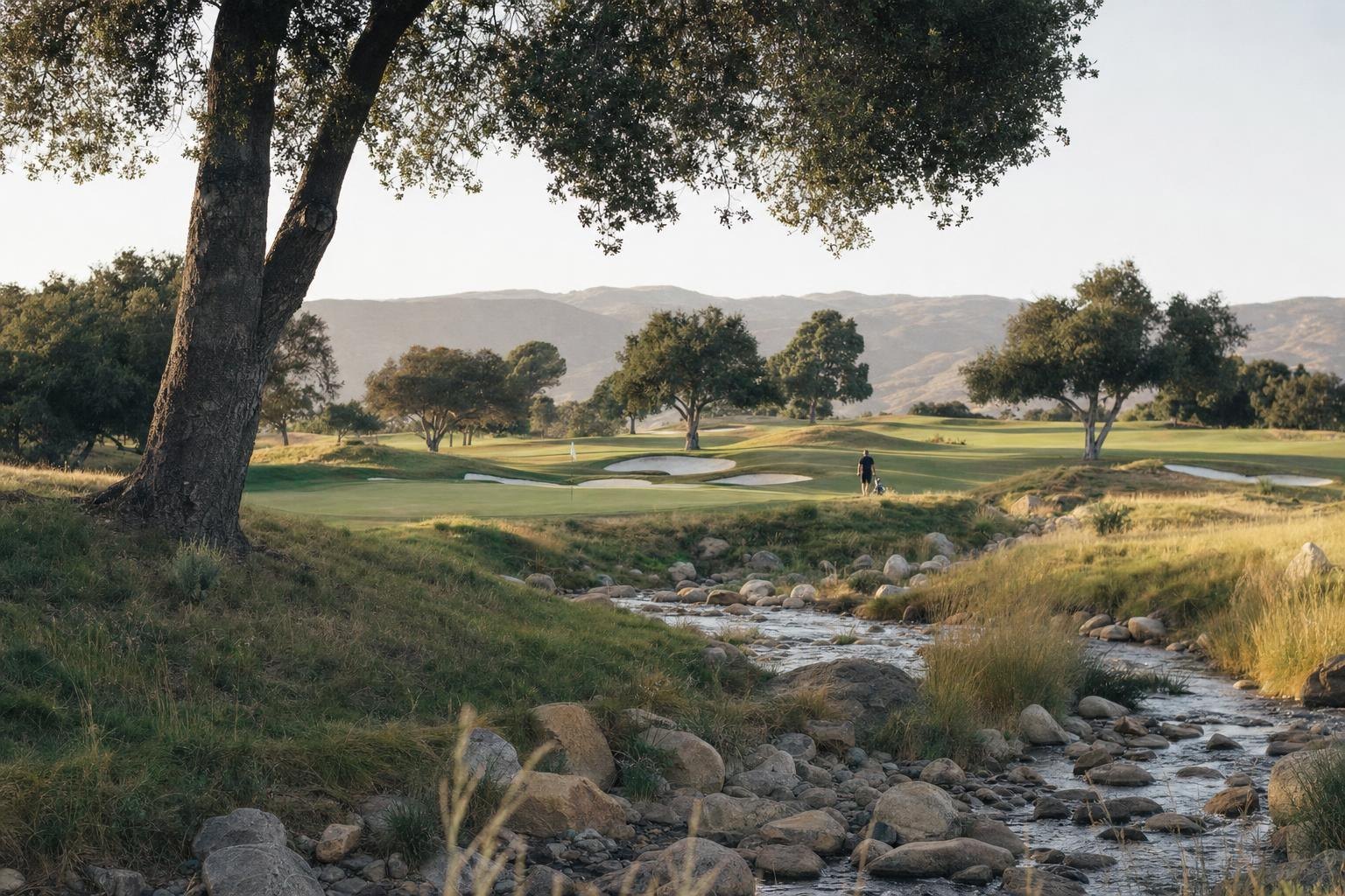 A par-five green complex guarded by bunkers, with steam-free rocky creek nearby and oaks (AI-generated image)