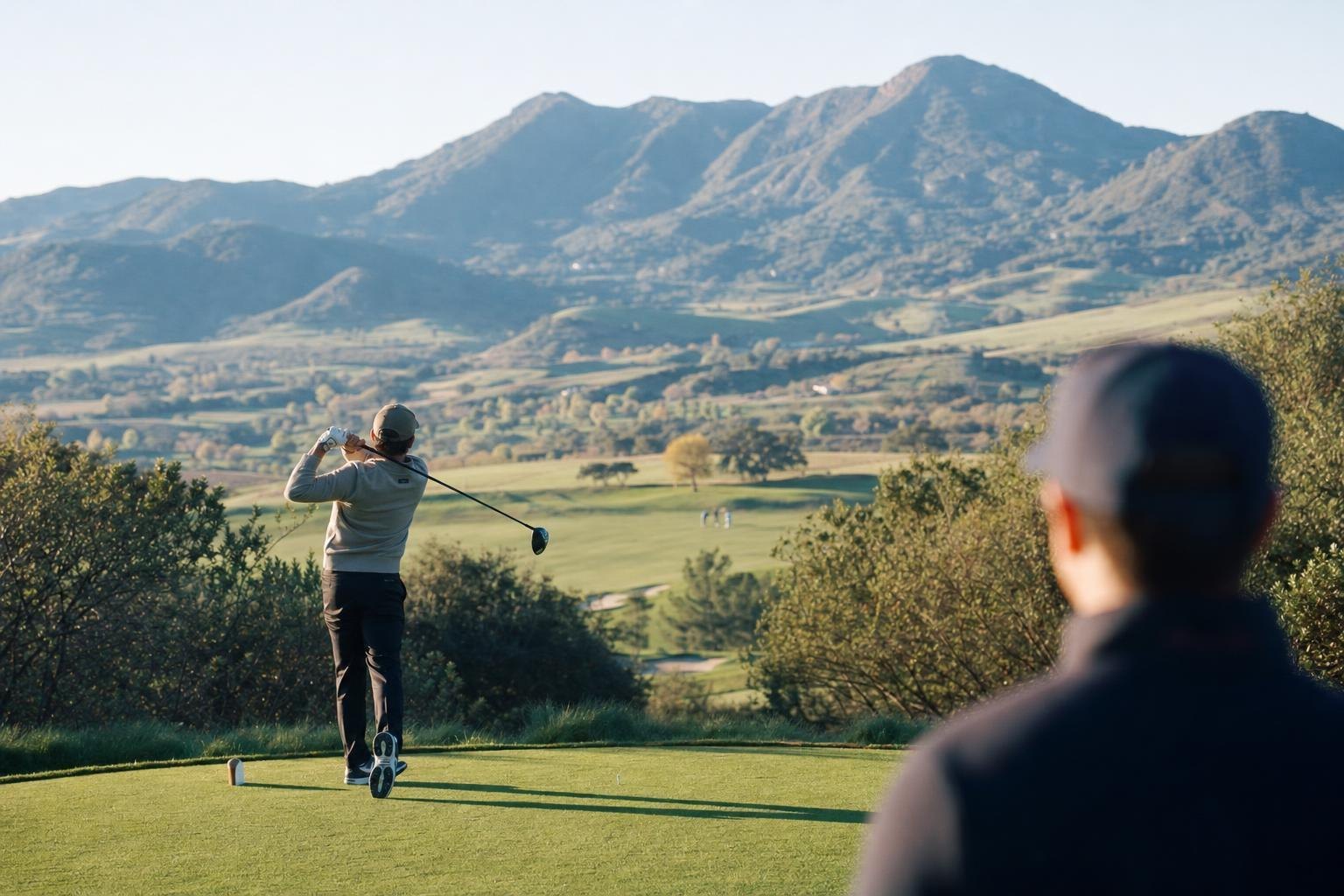 Panoramic fairway view from an elevated tee toward a long valley and blue mountains (AI-generated image)