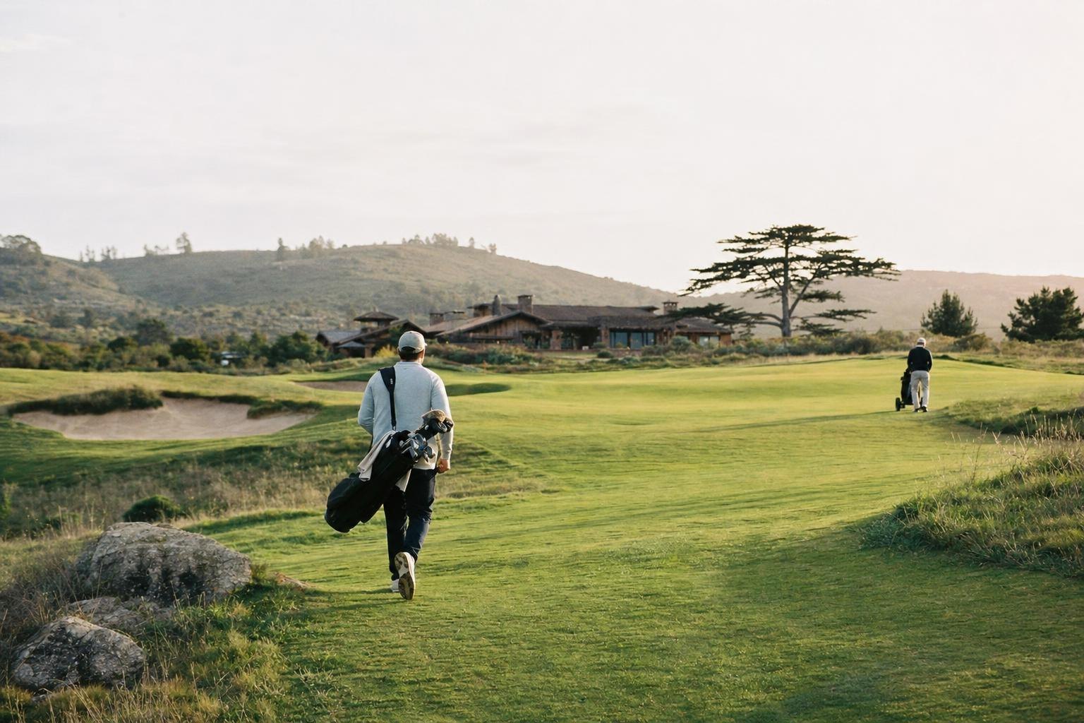 Approach shot view to a final green with a rustic ranch-style clubhouse silhouette in the distance (AI-generated image)