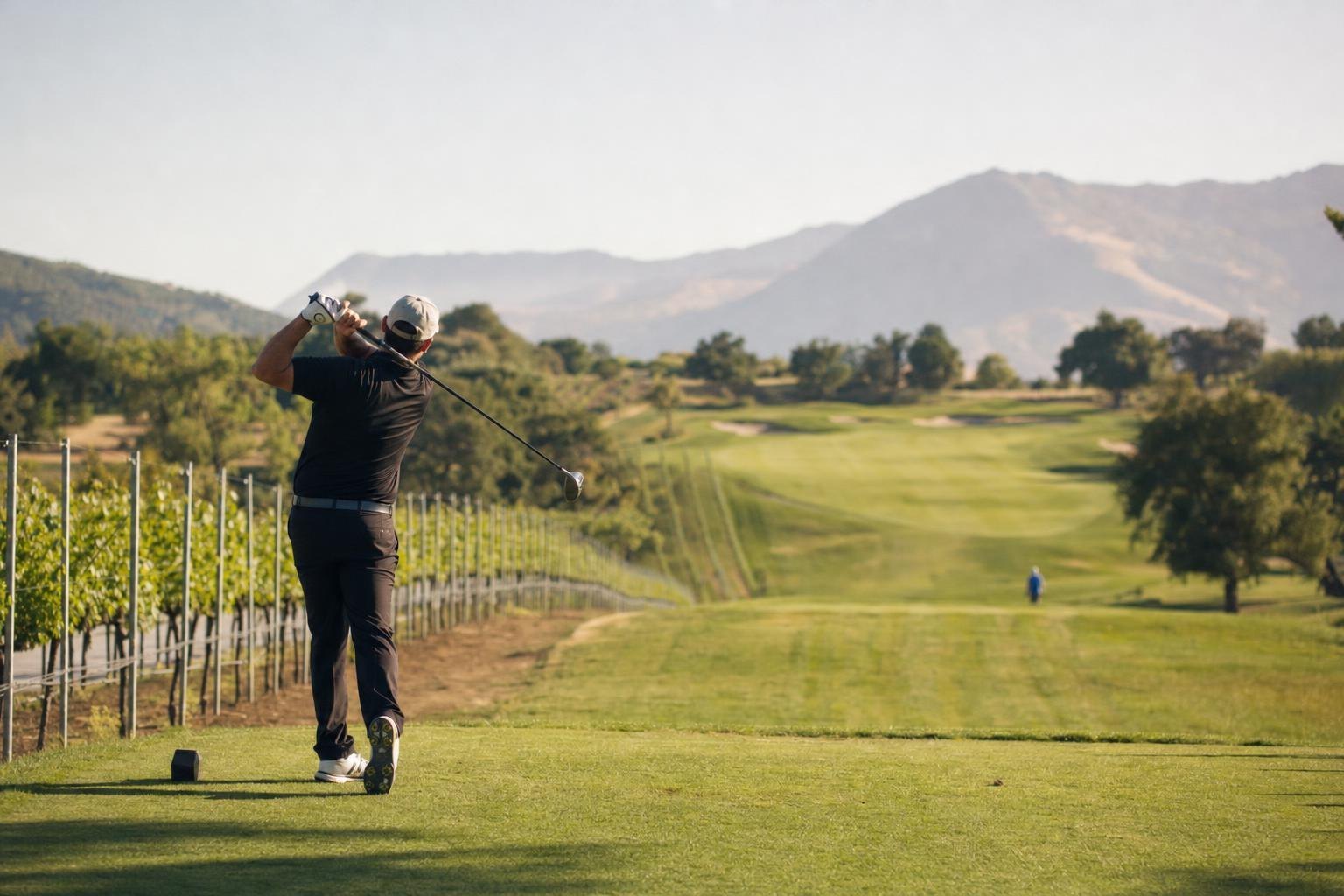 Opening tee shot view down a long fairway with grapevine rows along the left side (AI-generated image)
