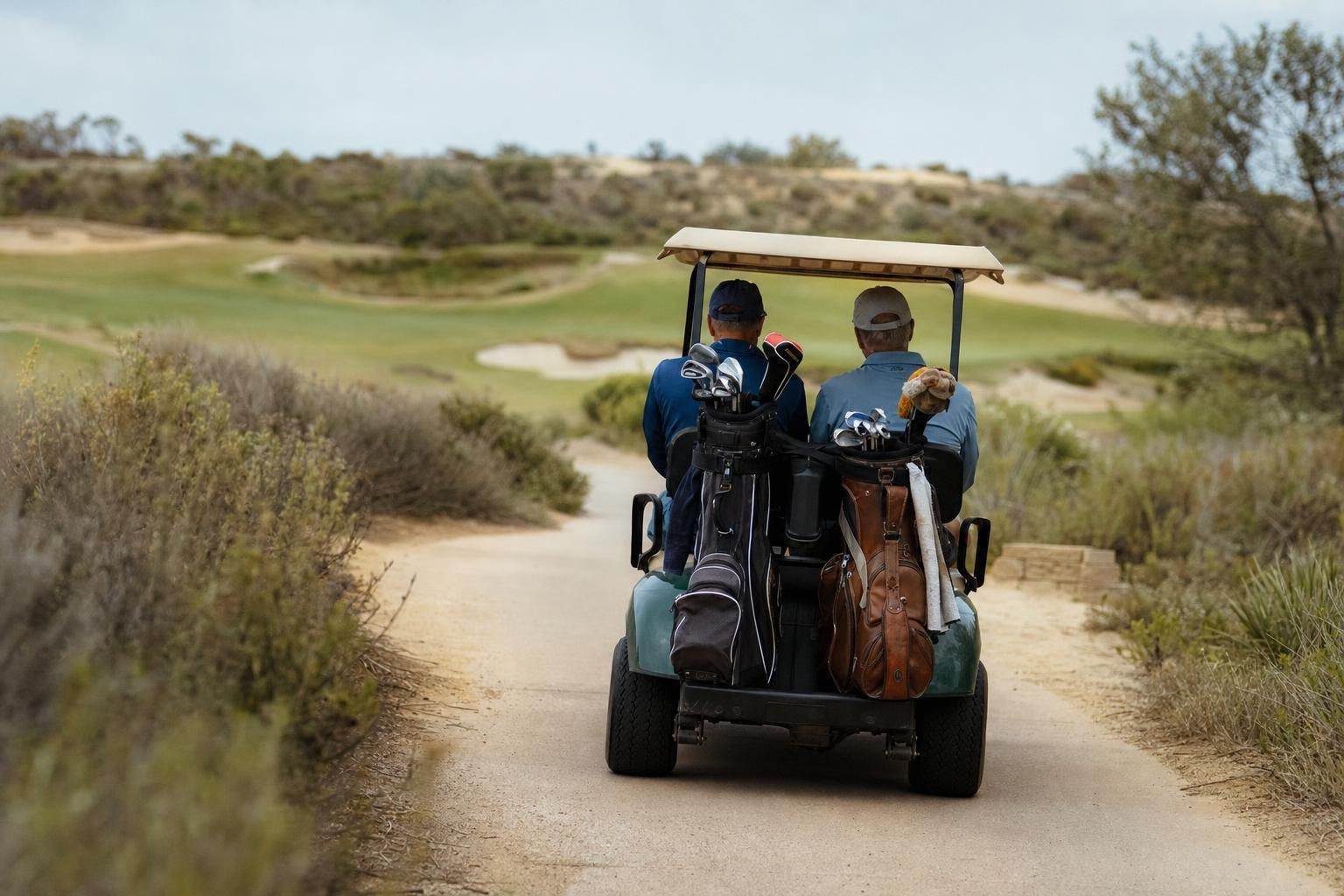 Two golfers seen from behind sharing a cart on a cart path, desert-edged course (AI-generated image)