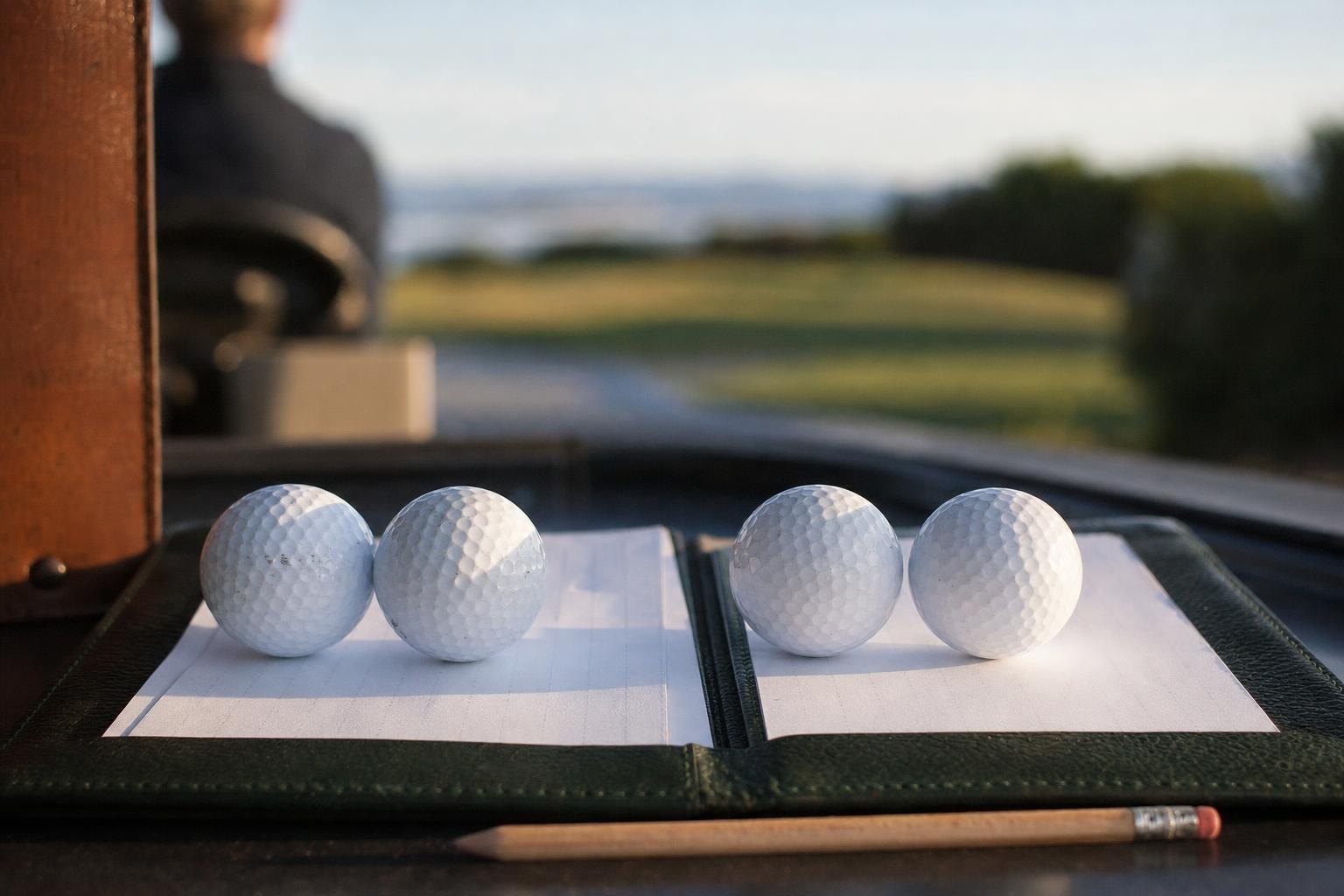 Two pairs of golf balls side by side on a scorecard, numbers written in pencil, still life (AI-generated image)