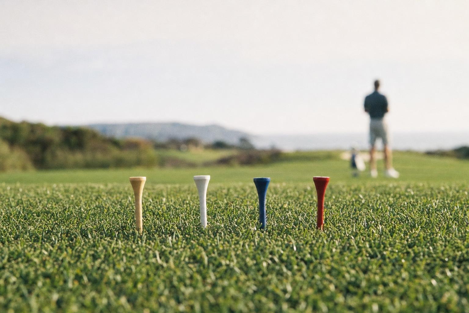 Close-up of four tees of different colours stuck in the grass of a tee box (AI-generated image)