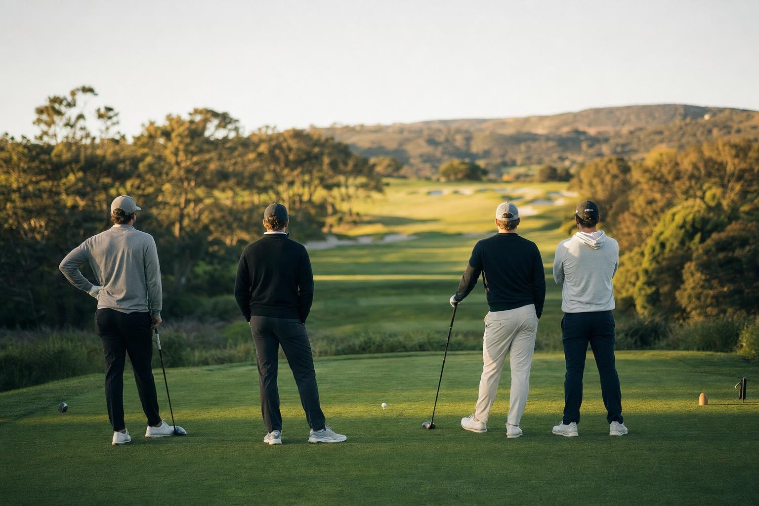 Four golfers seen from behind on a tee box looking down a fairway, one holding a driver (AI-generated image)